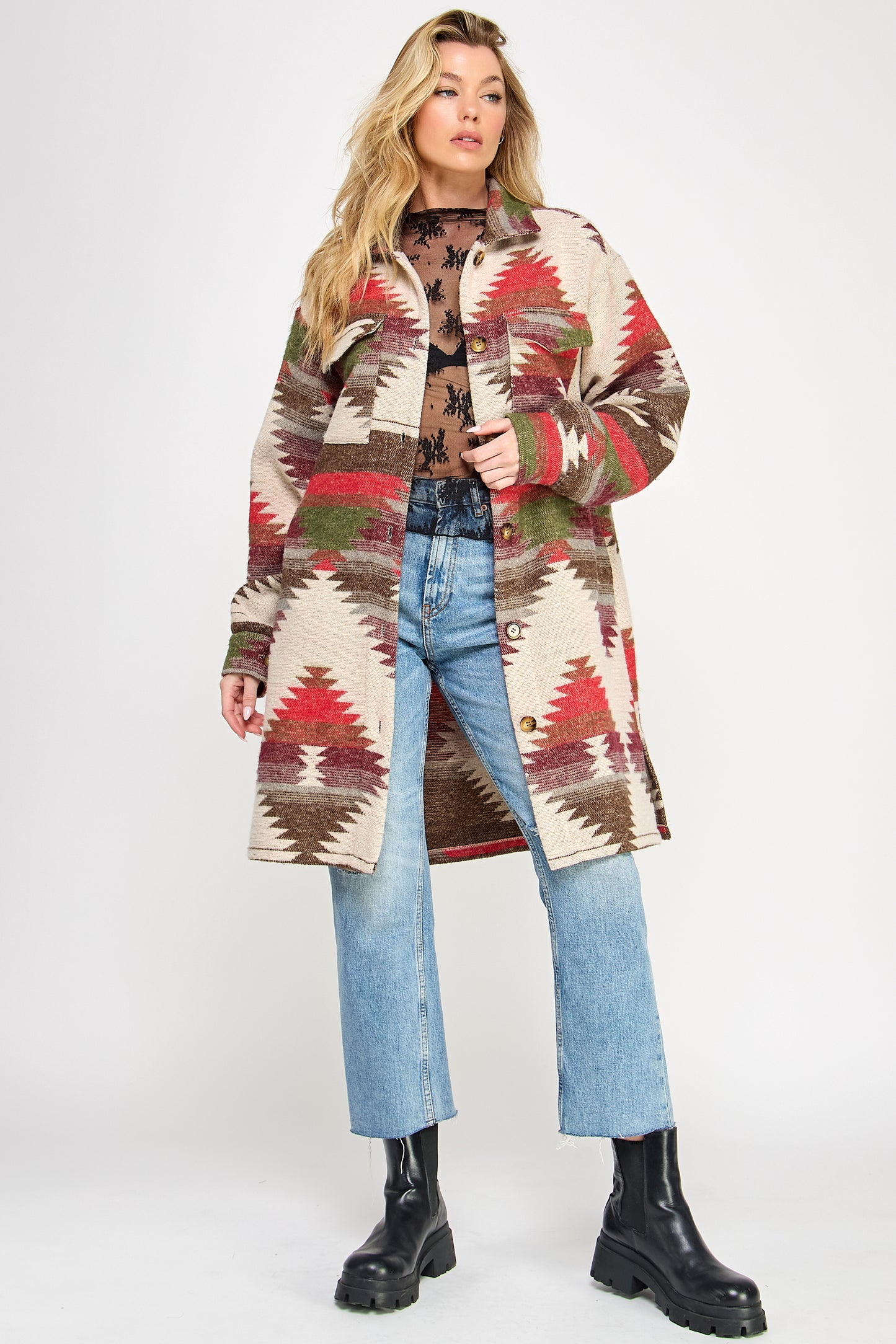 1252(2S/2M/2L)-AZTEC JACQUARD SHACKET WITH POCKET LONG VERSION