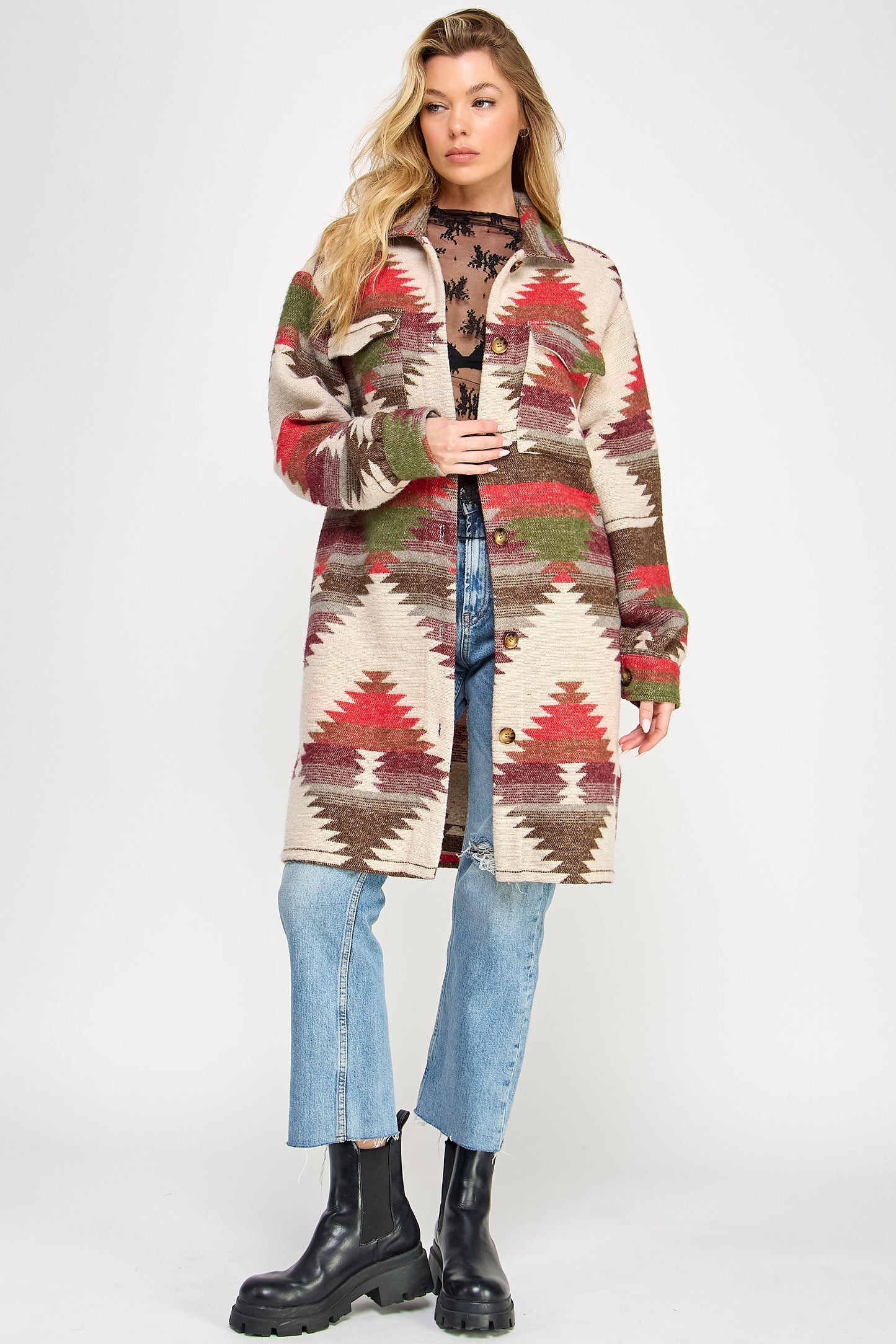 1252(2S/2M/2L)-AZTEC JACQUARD SHACKET WITH POCKET LONG VERSION