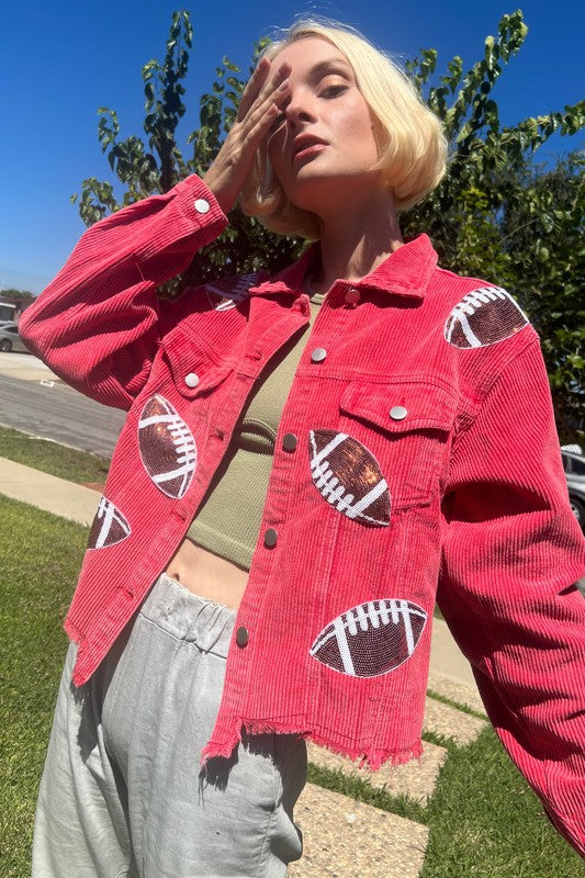 00049(2S/2M/2L/2XL)-CORDUROY JACKET WITH FOOTBALL SEQUINS