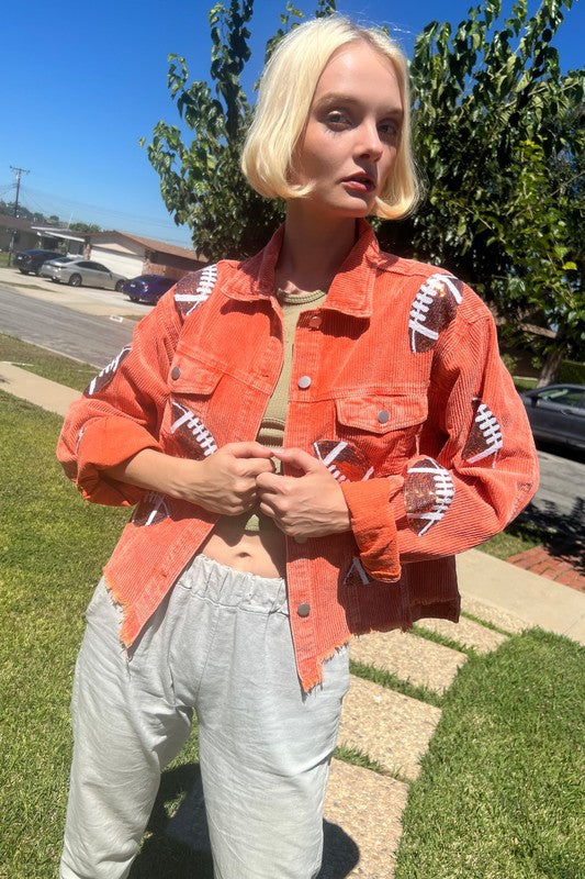 00049(2S/2M/2L/2XL)-CORDUROY JACKET WITH FOOTBALL SEQUINS