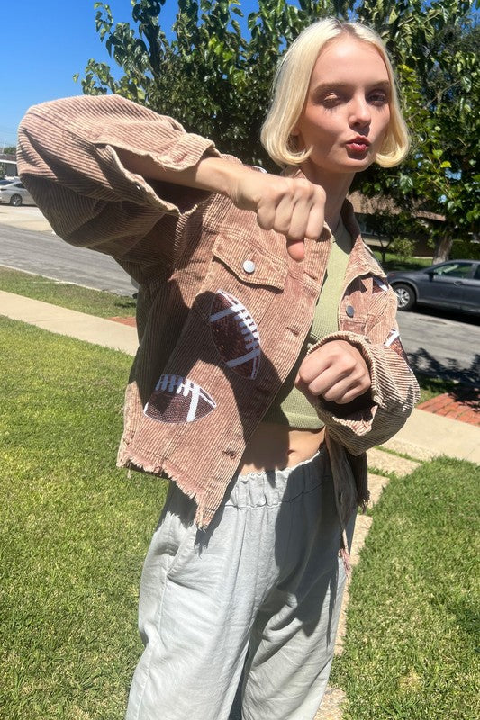 00049(2S/2M/2L/2XL)-CORDUROY JACKET WITH FOOTBALL SEQUINS