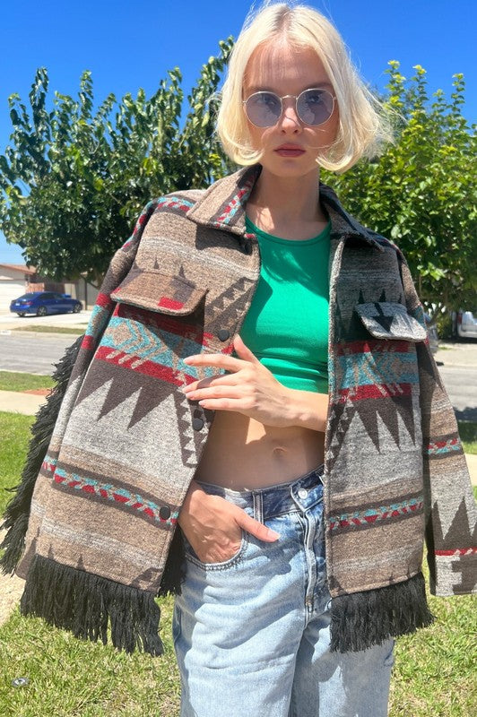 00075(2S/2M/2L/2XL)-AZTEC JACQUARD SHACKET WITH TASSEL DETAIL