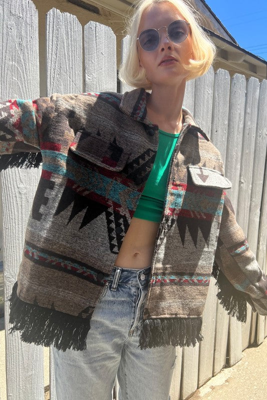 00075(2S/2M/2L/2XL)-AZTEC JACQUARD SHACKET WITH TASSEL DETAIL