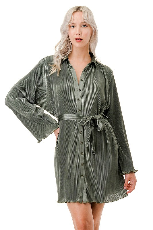 SHINY PLEATED BUTTON DOWN LONG SLEEVE DRESS