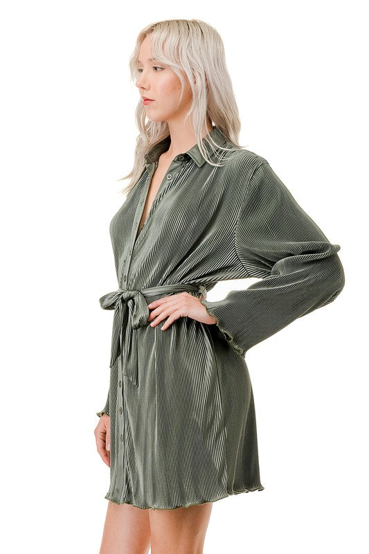 SHINY PLEATED BUTTON DOWN LONG SLEEVE DRESS