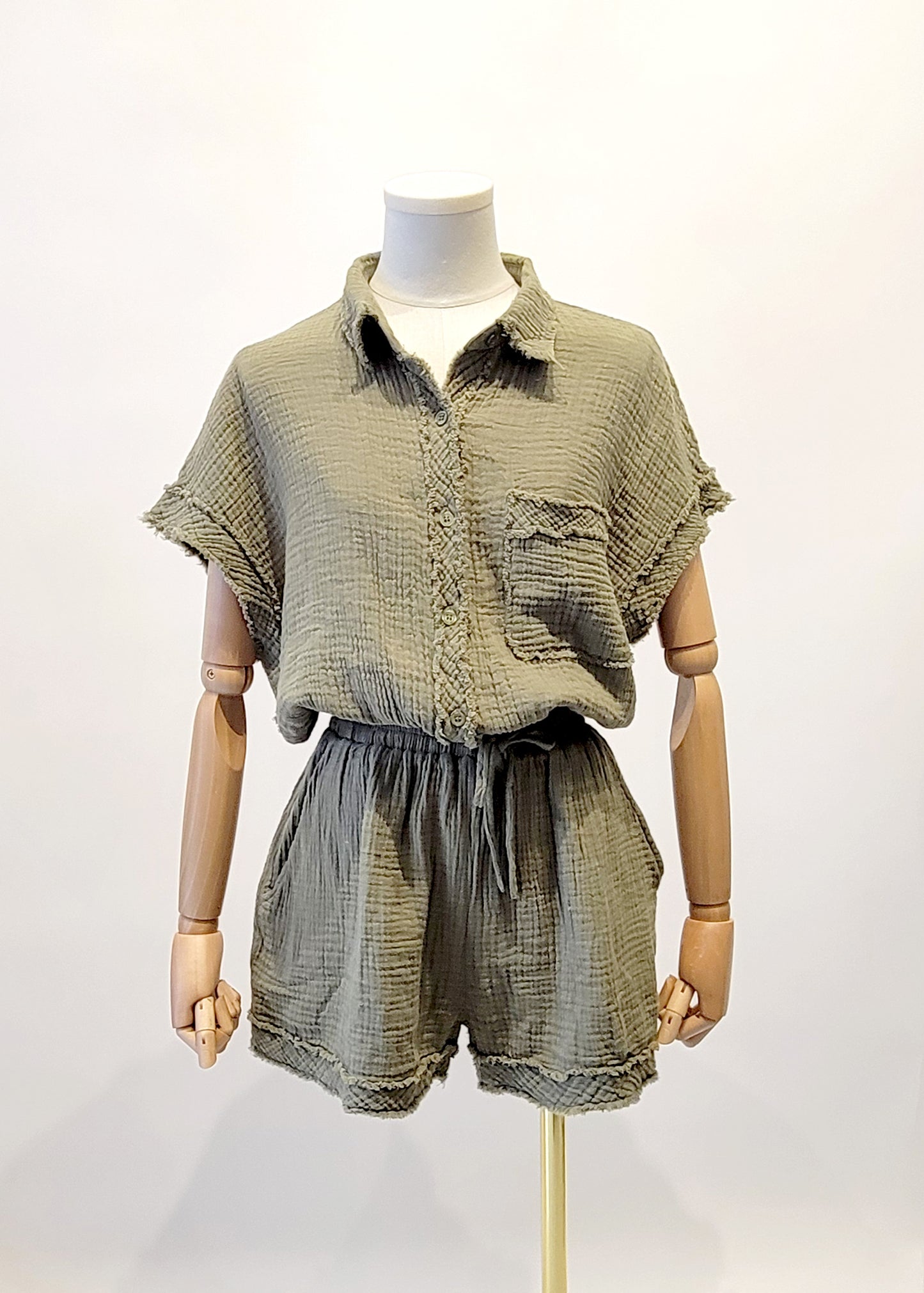 WASHED GARMENT GUAZE BUTTON DOWN ROMPER. BEST OF BEST