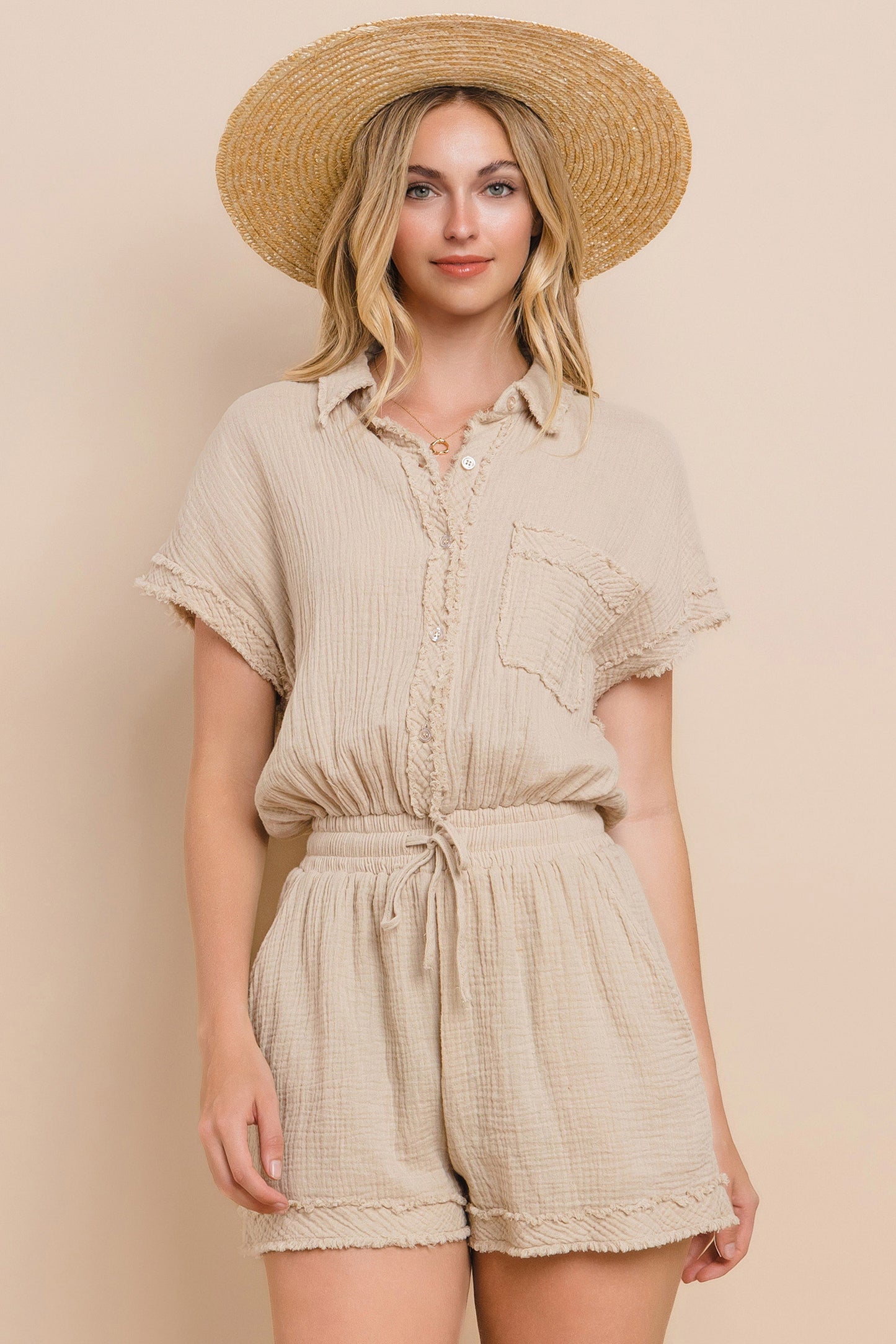 WASHED GARMENT GUAZE BUTTON DOWN ROMPER. BEST OF BEST