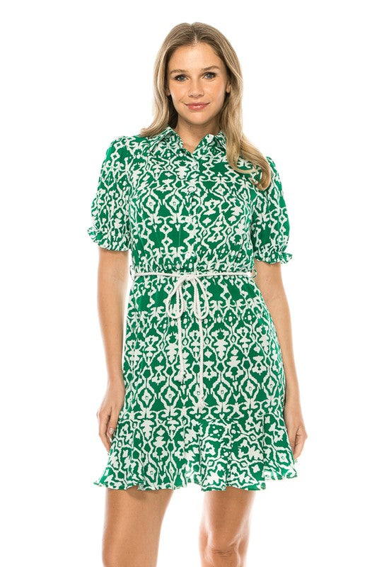 PRINT PATTERN DRESS WITH TIE BELT