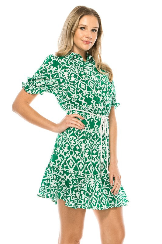 PRINT PATTERN DRESS WITH TIE BELT