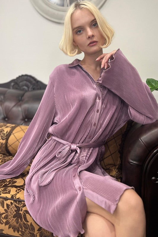 SHINY PLEATED BUTTON DOWN LONG SLEEVE DRESS