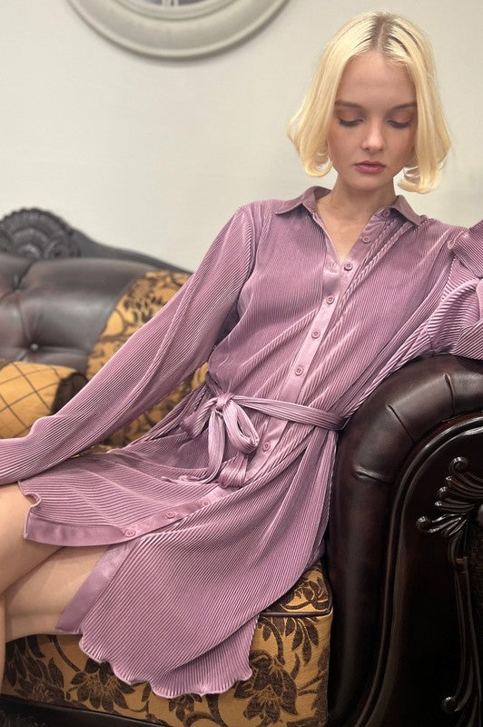 SHINY PLEATED BUTTON DOWN LONG SLEEVE DRESS