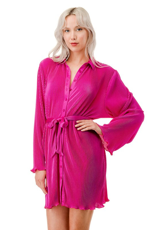 SHINY PLEATED BUTTON DOWN LONG SLEEVE DRESS