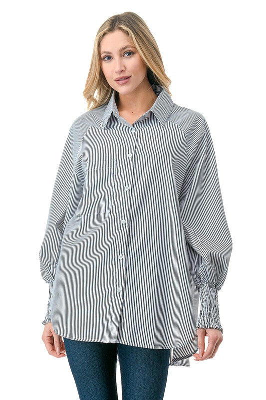 STRIPE BUTTON DOWN TOP SLEEVE SMOCKING WITH SIDE POCKETS