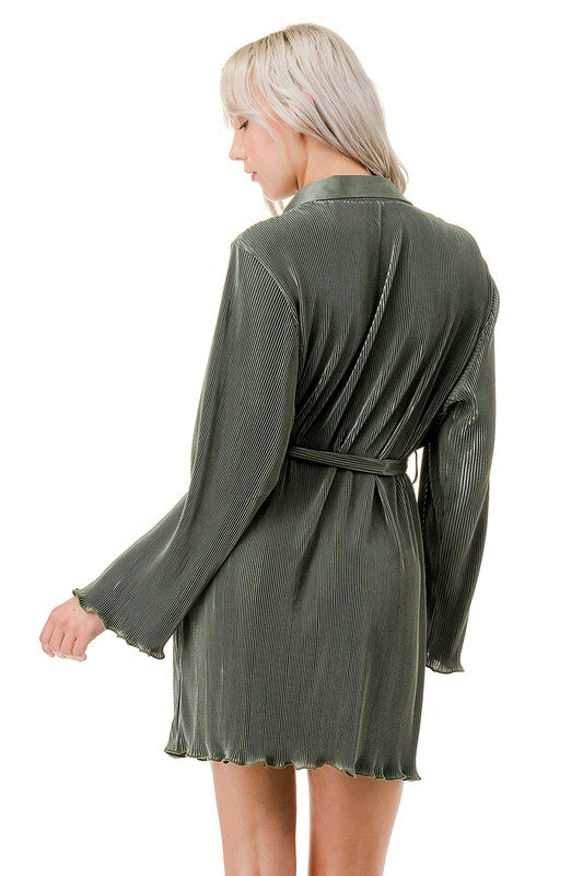 SHINY PLEATED BUTTON DOWN LONG SLEEVE DRESS