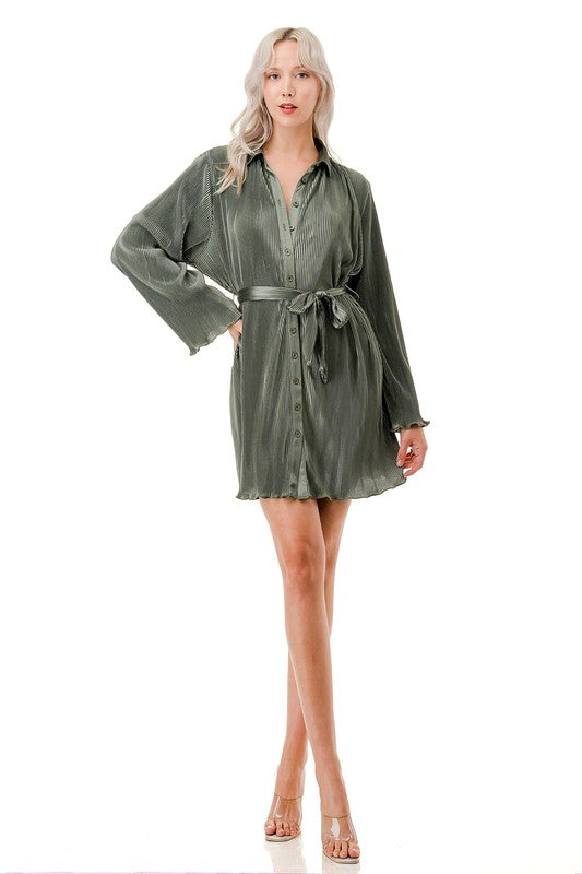 SHINY PLEATED BUTTON DOWN LONG SLEEVE DRESS